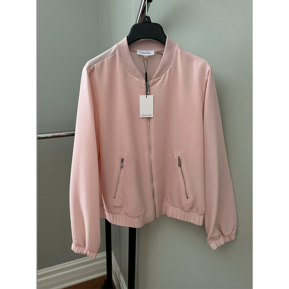 Calvin Klein Zip Up Sheer Satin Bomber Jacket In Blush Pink Size M 150$ - Picture 10 of 12